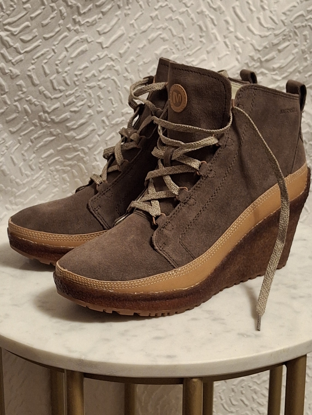 Merrell Brown and Tan Suede Wedge Lace-Up Boots